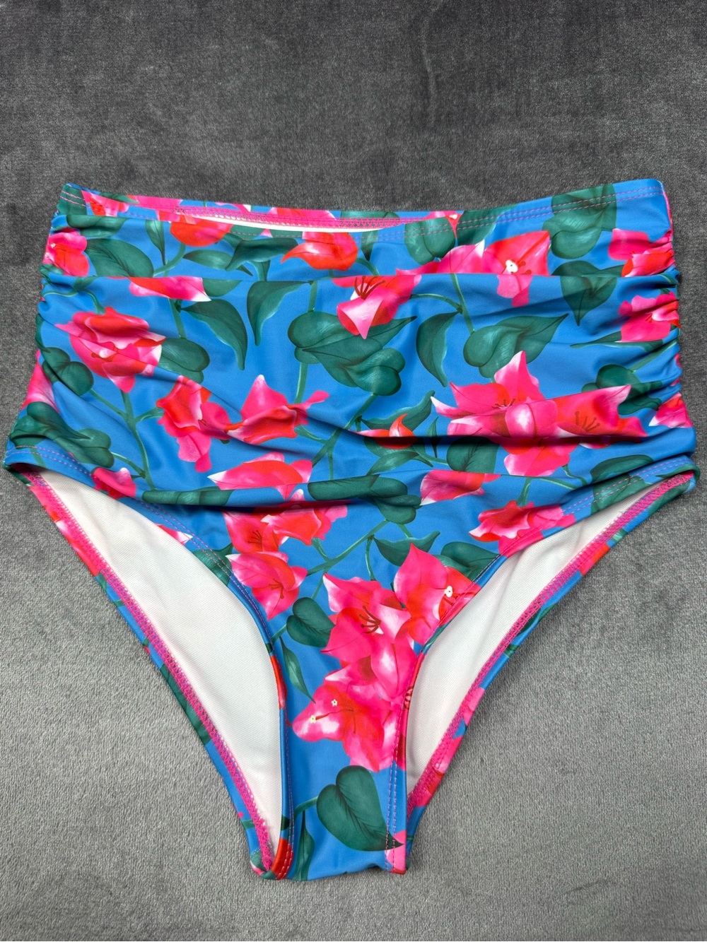 High-Rise Floral Bikini Bottoms - Pink Floral on Blue